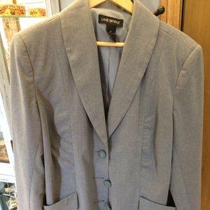 Gray skirt suit with ruching details