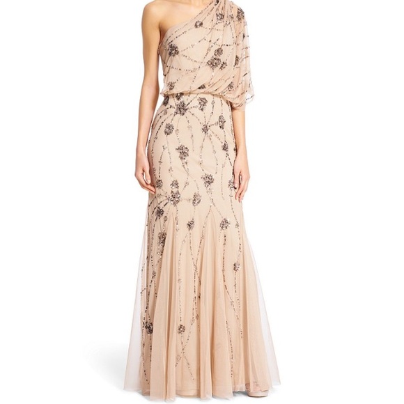 Adrianna Papell one shoulder beaded gown