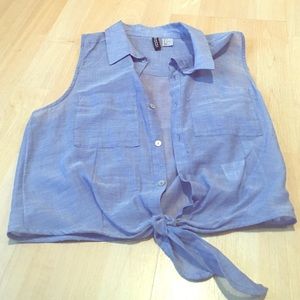 A sheer denim sleeveless crop top