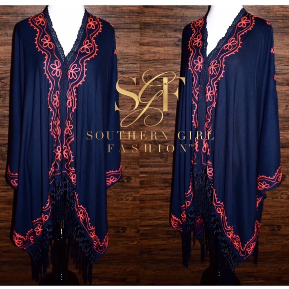 EMBROIDERED PONCHO Long Draped Kimono Jacket Cape - Picture 4 of 5