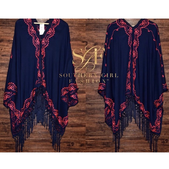EMBROIDERED PONCHO Long Draped Kimono Jacket Cape - Picture 5 of 5