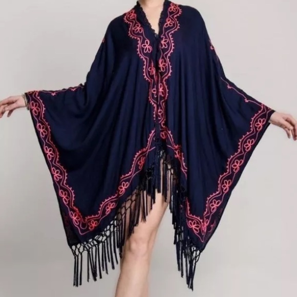 EMBROIDERED PONCHO Long Draped Kimono Jacket Cape - Picture 2 of 5