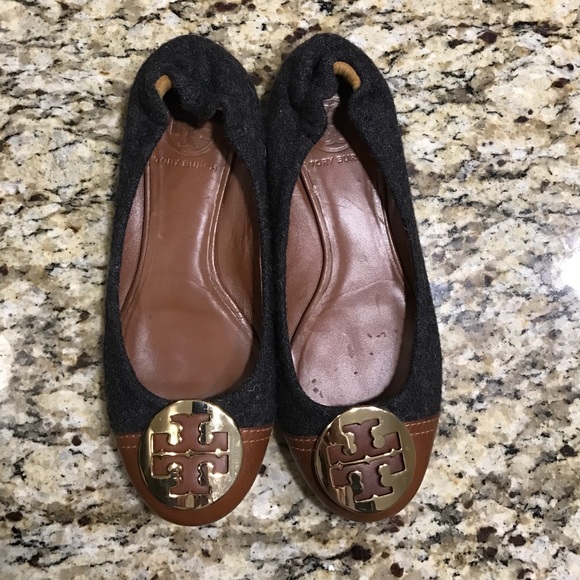 Tory Butch Grey Flannel Brown Cap Toe Gold Logo