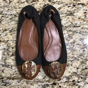 Tory Butch Grey Flannel Brown Cap Toe Gold Logo