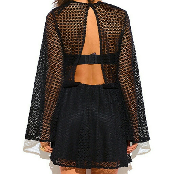 Last 1 Black boho lace midi dress, split v back - Picture 3 of 8