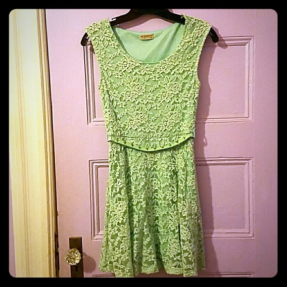 Green lace skater dress with belt