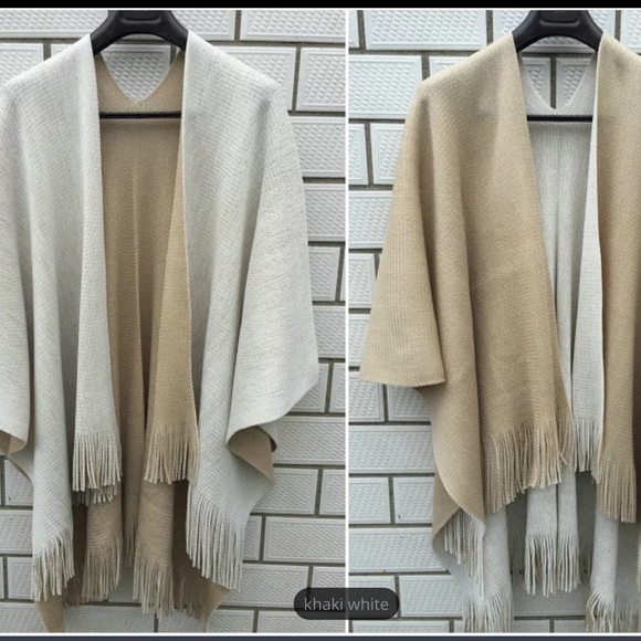 Jackets & Blazers - Reversible Tan/White Shawl Poncho Cape w/fringes