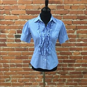 Button up blue ruffled shirt