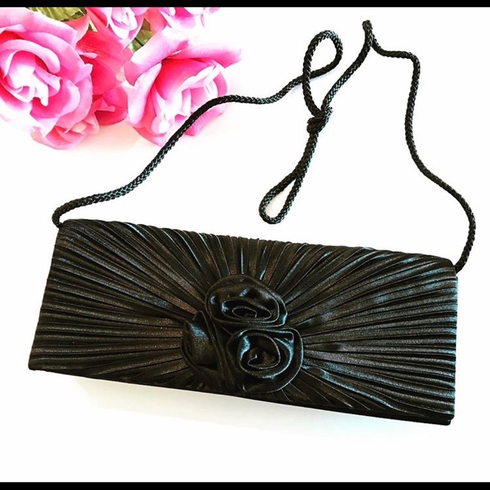 Black Sateen Flower Clutch