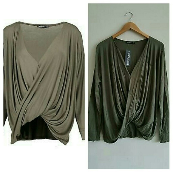 Boohoo Jayne Plunge Neck Drape Long Sleeve Top