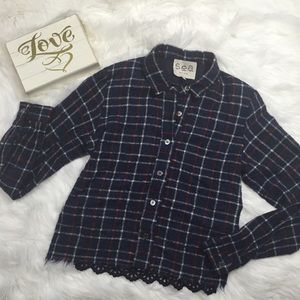 SEA NY Plaid and Eyelet Long Sleeve Crop top 0