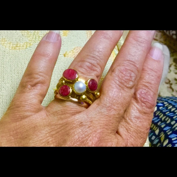 SOLD. Yellow Gold over brass Red Ruby Stack Ring - Picture 3 of 4