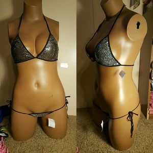 NWT adj thong&halter 2pc bikini set silver Sequin