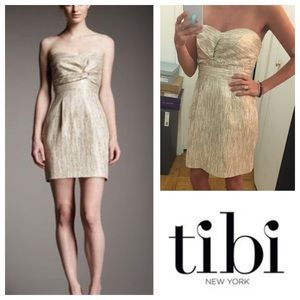 Tibi "Mara" Ivory Gold Metallic Strapless Dress