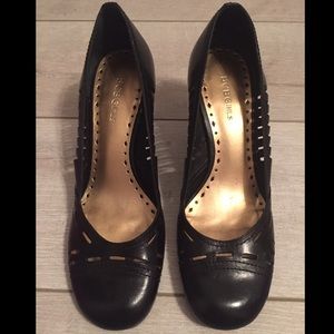 BCBG black leather wedges size 9