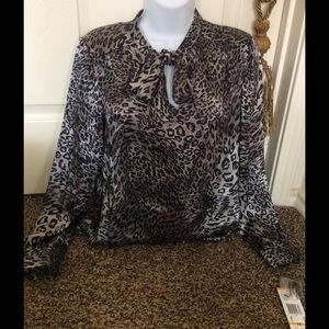 $69 KASPER Animal Print Career Blouse w/ Tie Neck