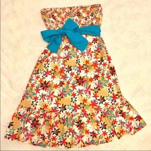 Strapless Floral Dress w/ Teal Belt