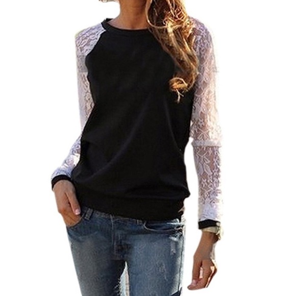 Black White Lace Sleeve Crewneck Top