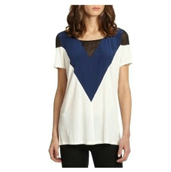 A?ko sheer panel tee shirt white, blue, and black