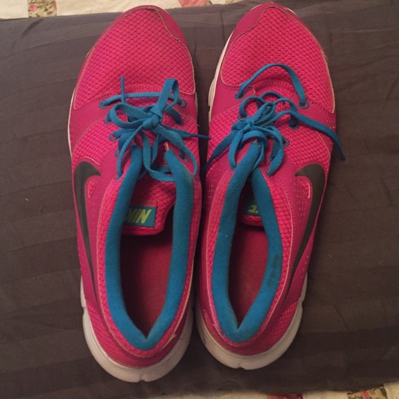 Pink and blue Nike sneakers.