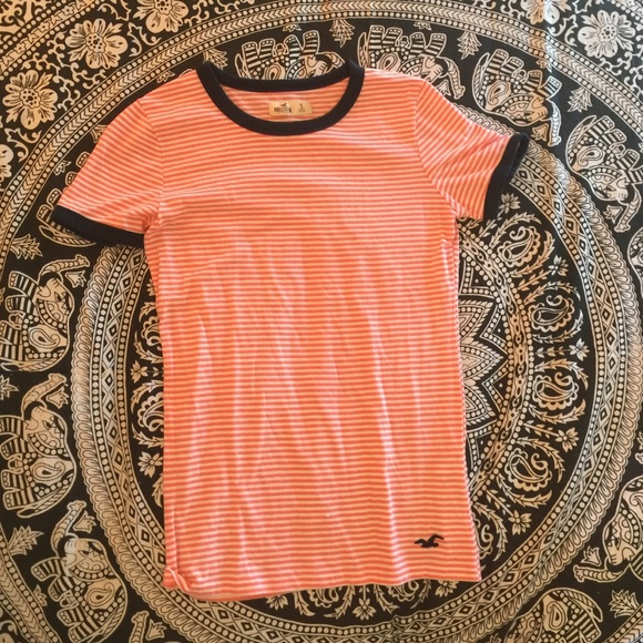 Pink and white striped tee with navy blue