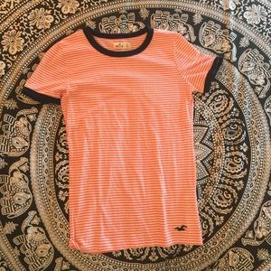 Pink and white striped tee with navy blue