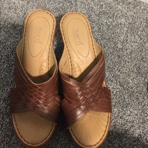 Brown leather born wedges