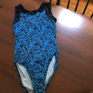 Blue flower print girls gymnastics leotard