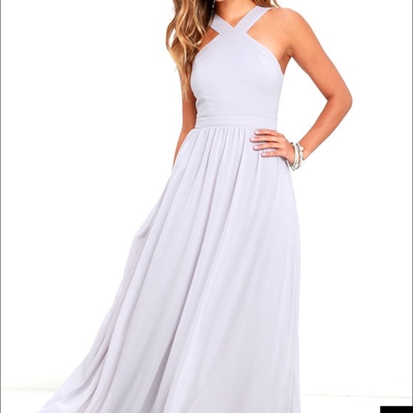 Lulu's "Air of Romace" light gray maxi dress