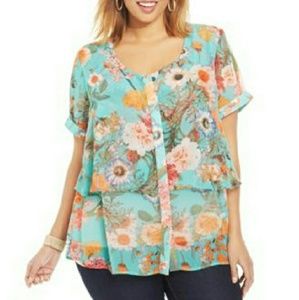 Ny Collection Floral Print Tiered Womens Shirt 1X