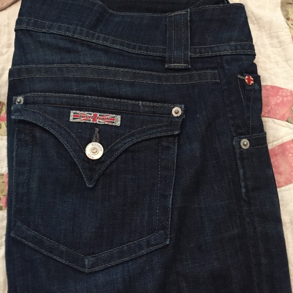 Hudson dark wash straight cut jeans.