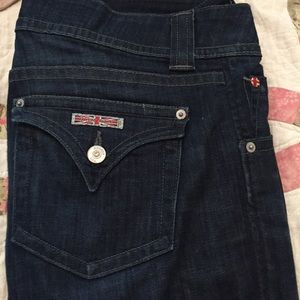 Hudson dark wash straight cut jeans.