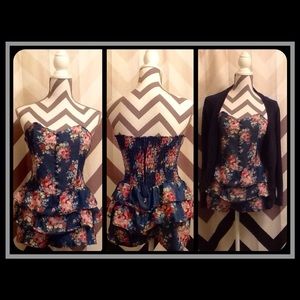 Women's Floral Print and Navy Strapless Romper