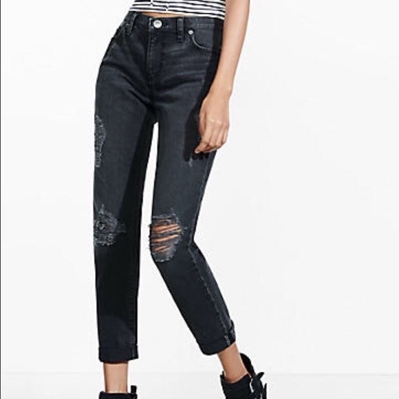 Express Black Distressed Girlfriend Jeans