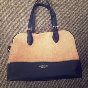 Tan crosshatch and black leather Isaac misrahi