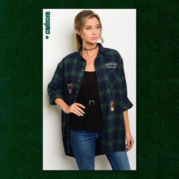 JUST IN🆕Blue Green Plaid Boyfriend Fit Loose Top - Picture 2 of 3
