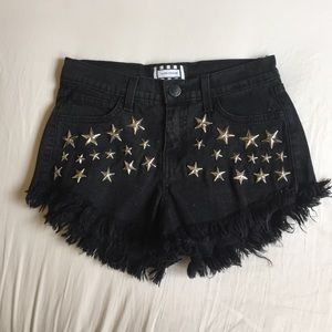 Black denim fringed shorts w/studs