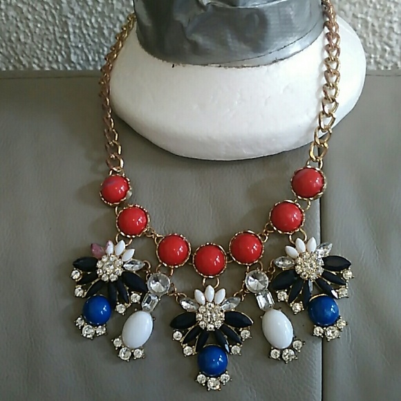 Necklace. Red blue and white. Gold plated.