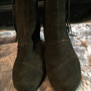 Brown Suede Zip Up TOMS Wedge Booties