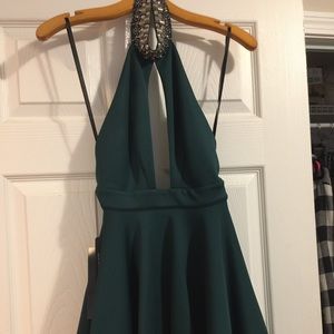 Bebe embellished neck backless halter dress