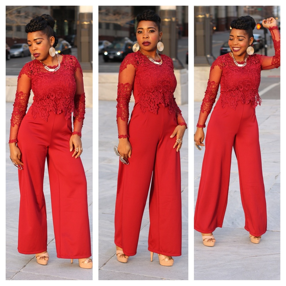 Burgundy Lace Sheer Jumpsuit