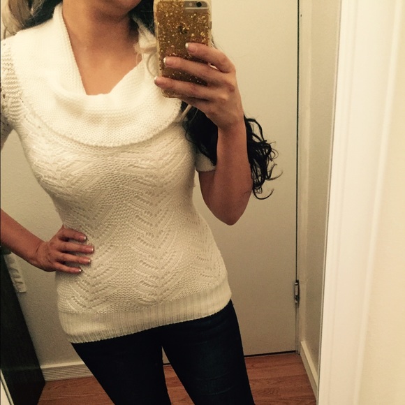 Cowl neck white open knit sweater top