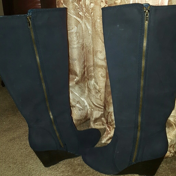 Navy Wide Calf Wedge Boots