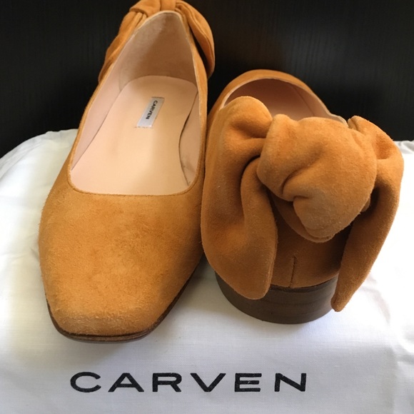 NIB Carven yellow orange suede bow back shoes - Picture 2 of 4