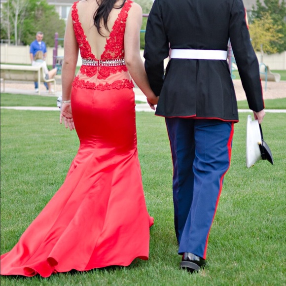 Sherry Hill Red Beaded Peplum Gown