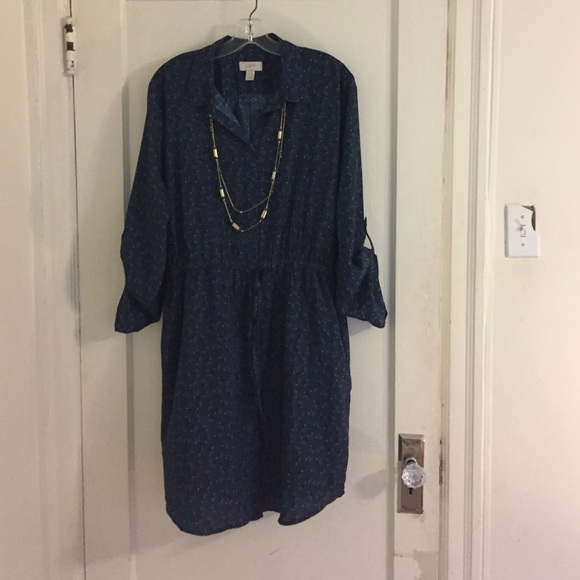 Teal and gray print shirt dress.