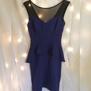 Midnight Blue Mesh Paneled Peplum Bodycon Dress