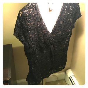Ann Taylor Beaded Black Deep-V Top