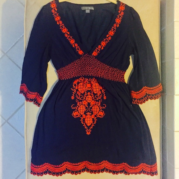 Orange embroidered navy blue dress