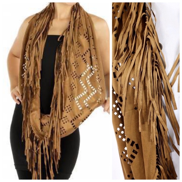 ๐Vegan Suede Laser Cut Fringe Infinity Scarf B81 - Picture 2 of 4